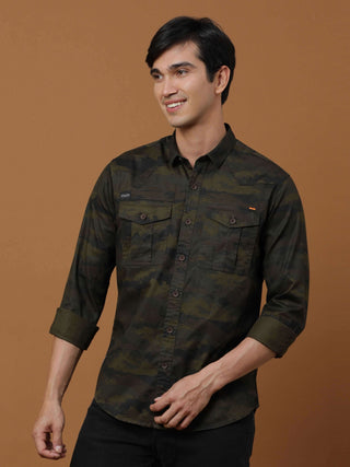 Army Green Camo full sleeve Shirt shop online at Estilocus. 100% Cotton , Full-sleeve solid shirt Cut and sew placket Regular collar Double button edge cuff Double pocket with flap Curved bottom hemline All double needle construction, finest quality sewin