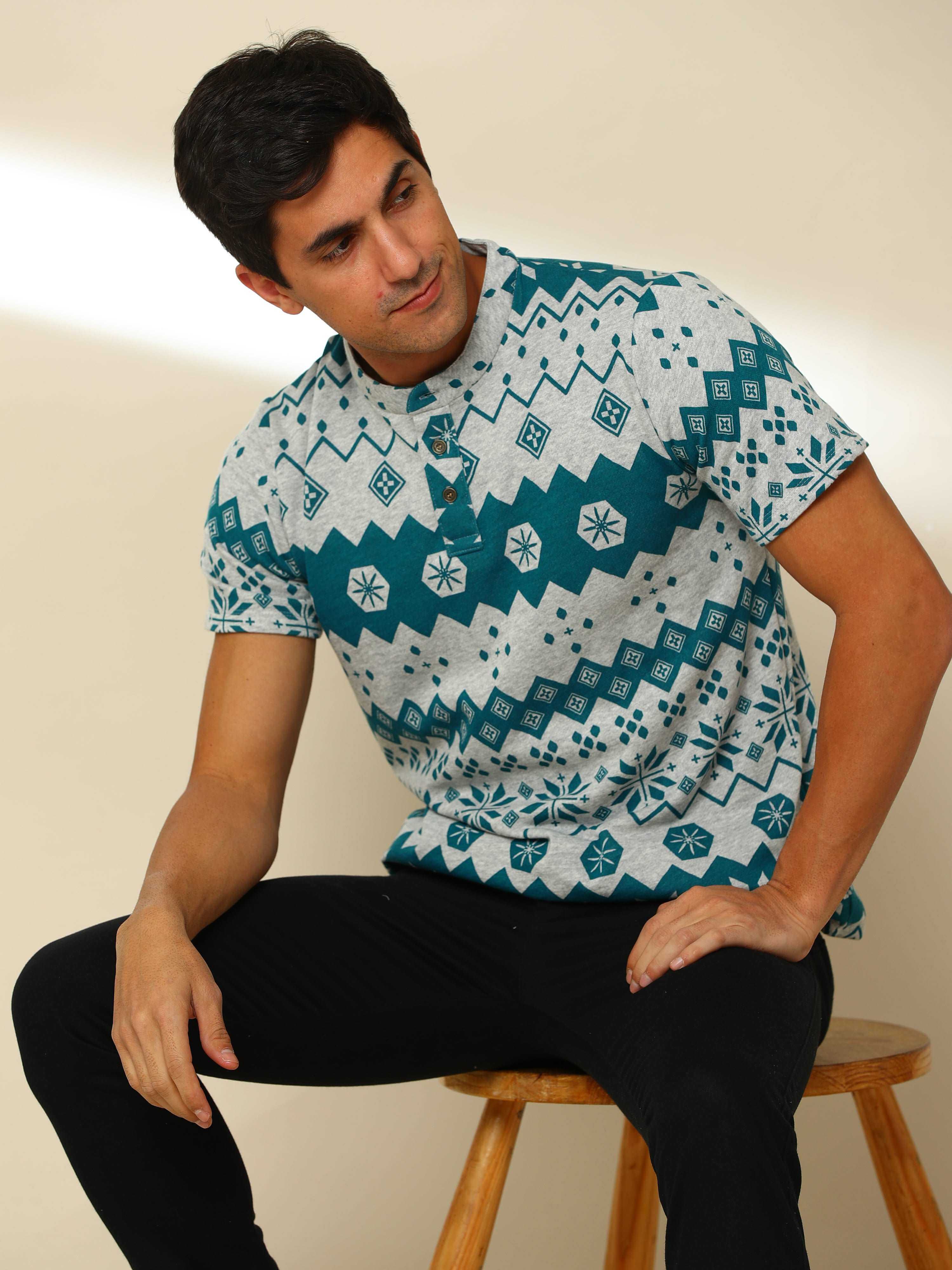 Cambric Henley Neck Printed T Shirt