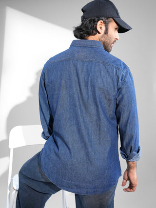 Deep Blue Crafted Zipper Denim Shirt