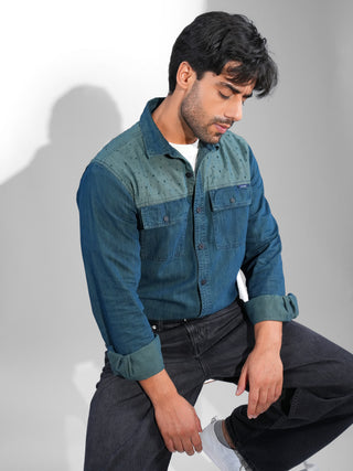 Emerald Avian Dual-Tone Casual Denim Shirt