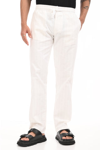 White Linen Blend Straight Fit Striped Trouser