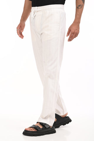 White Linen Blend Straight Fit Striped Trouser