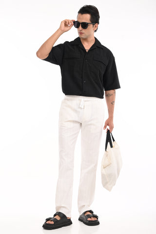 White Linen Blend Straight Fit Striped Trouser