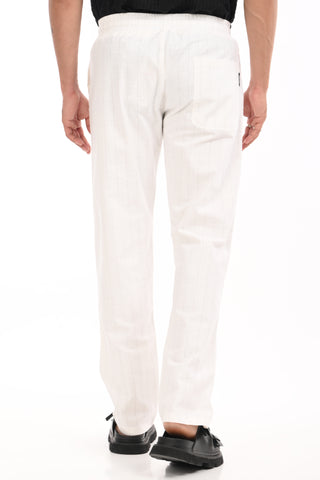 White Linen Blend Straight Fit Striped Trouser