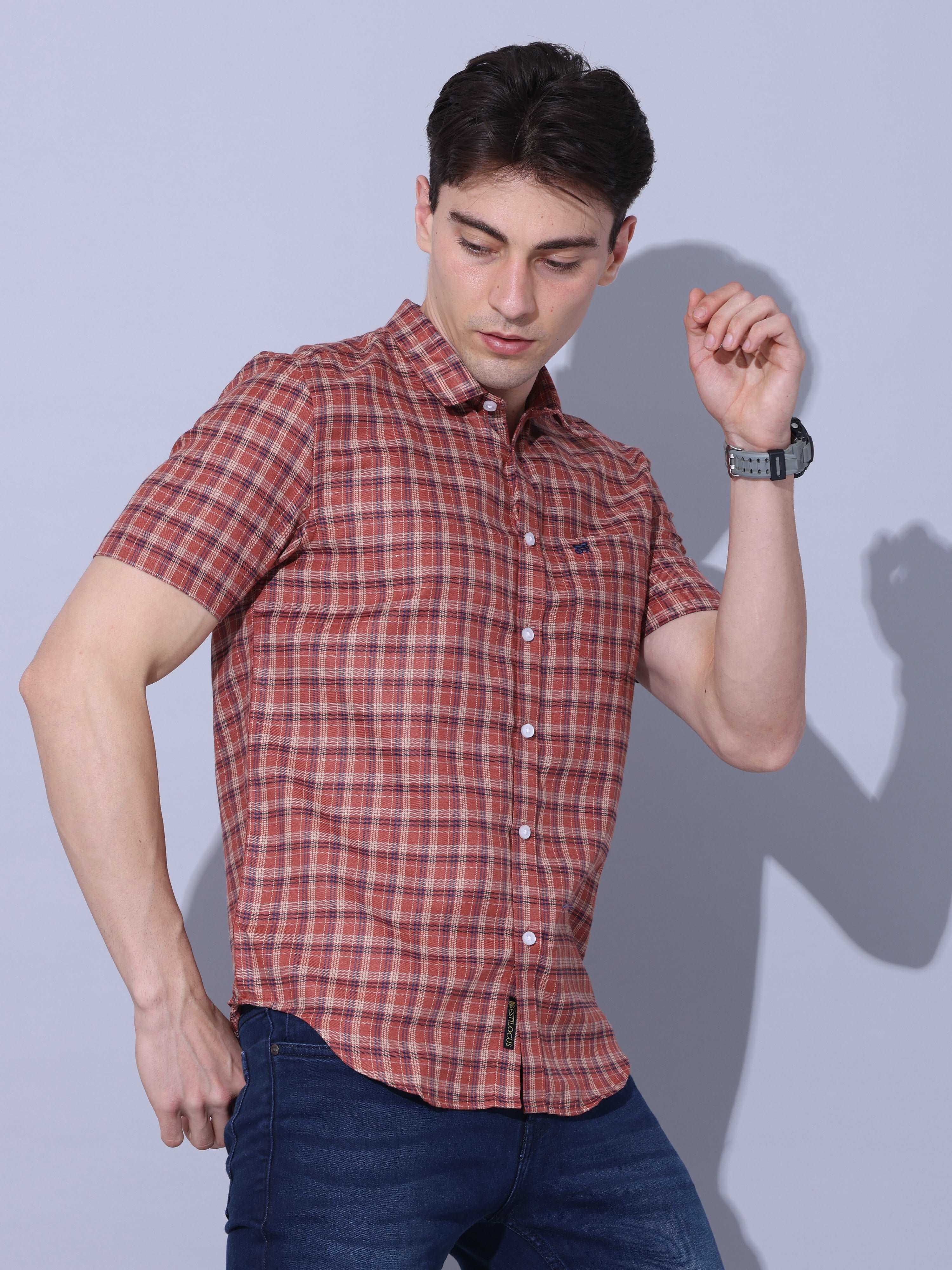 Bricks Check Casual Half Sleeve Shirt shop online at Estilocus. • Half-sleeve check shirt • Cut and sew placket • Regular collar • Single pocket with logo embroidery • Curved hemline • Finest quality sewing • Machine wash care • Suitable to wear with all
