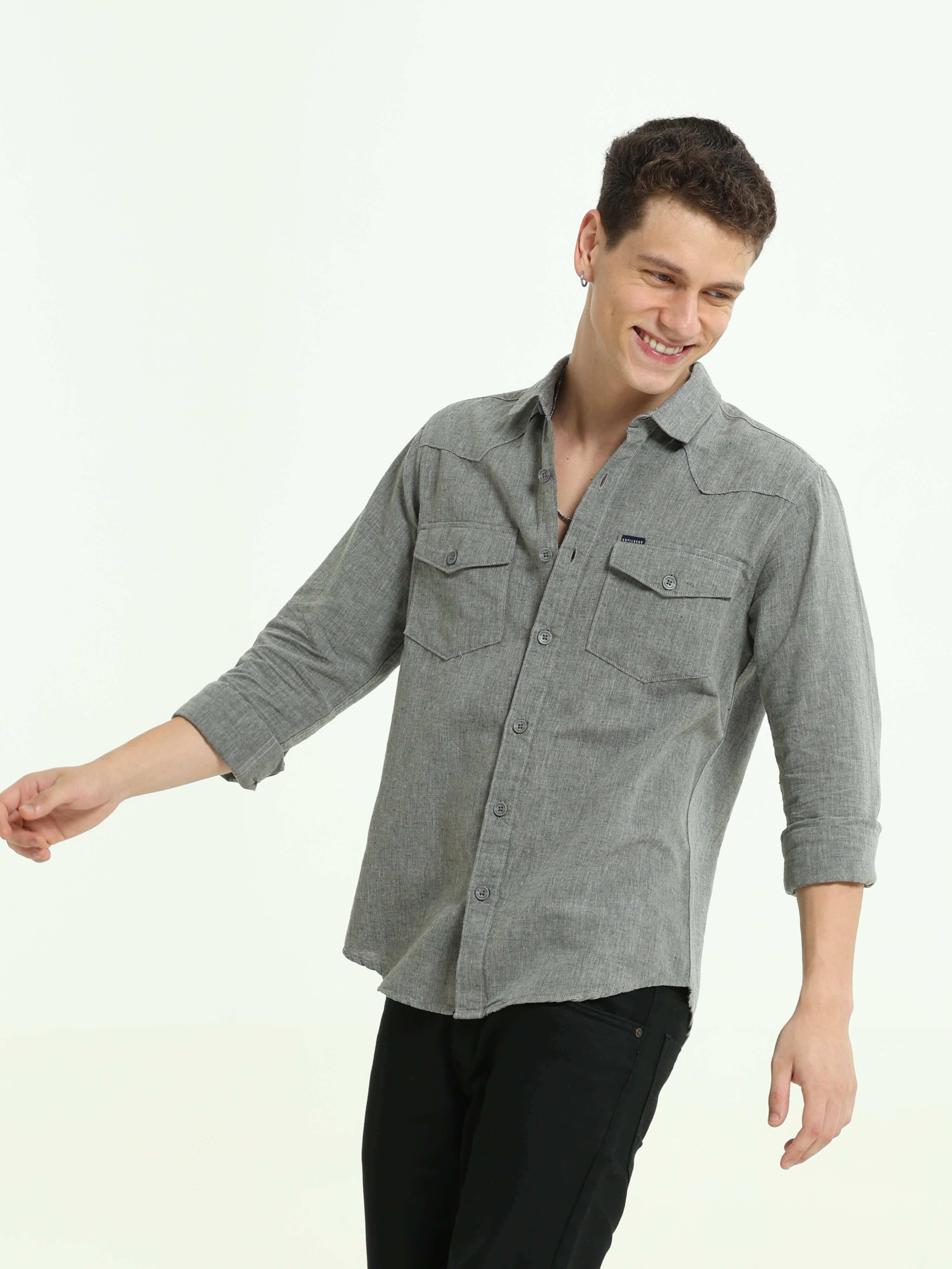 LT grey solid double pocket shirt_ Casual Shirt_ estilocus