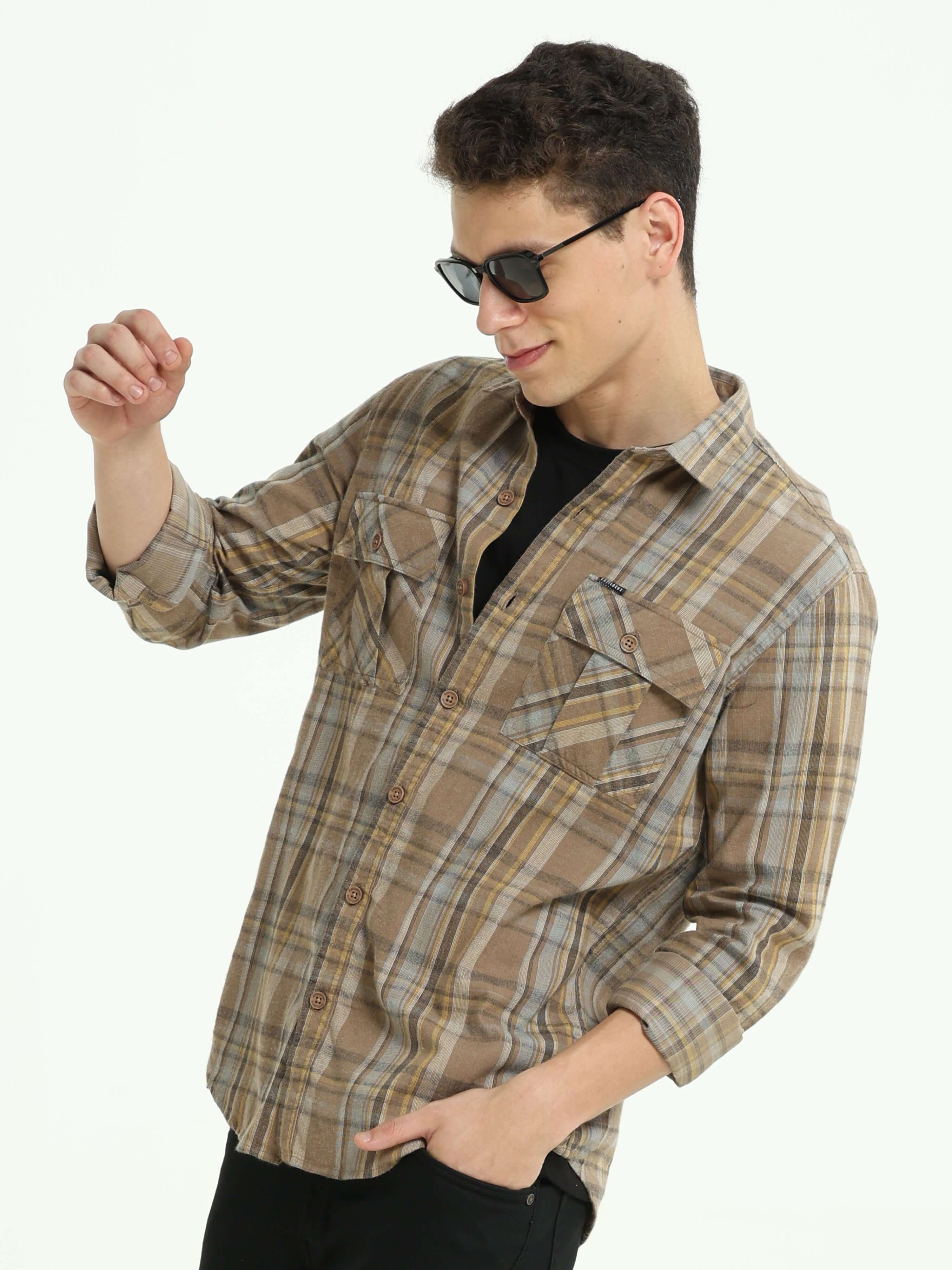 Sage green Check double pocket shirt_ Casual Shirt_ estilocus