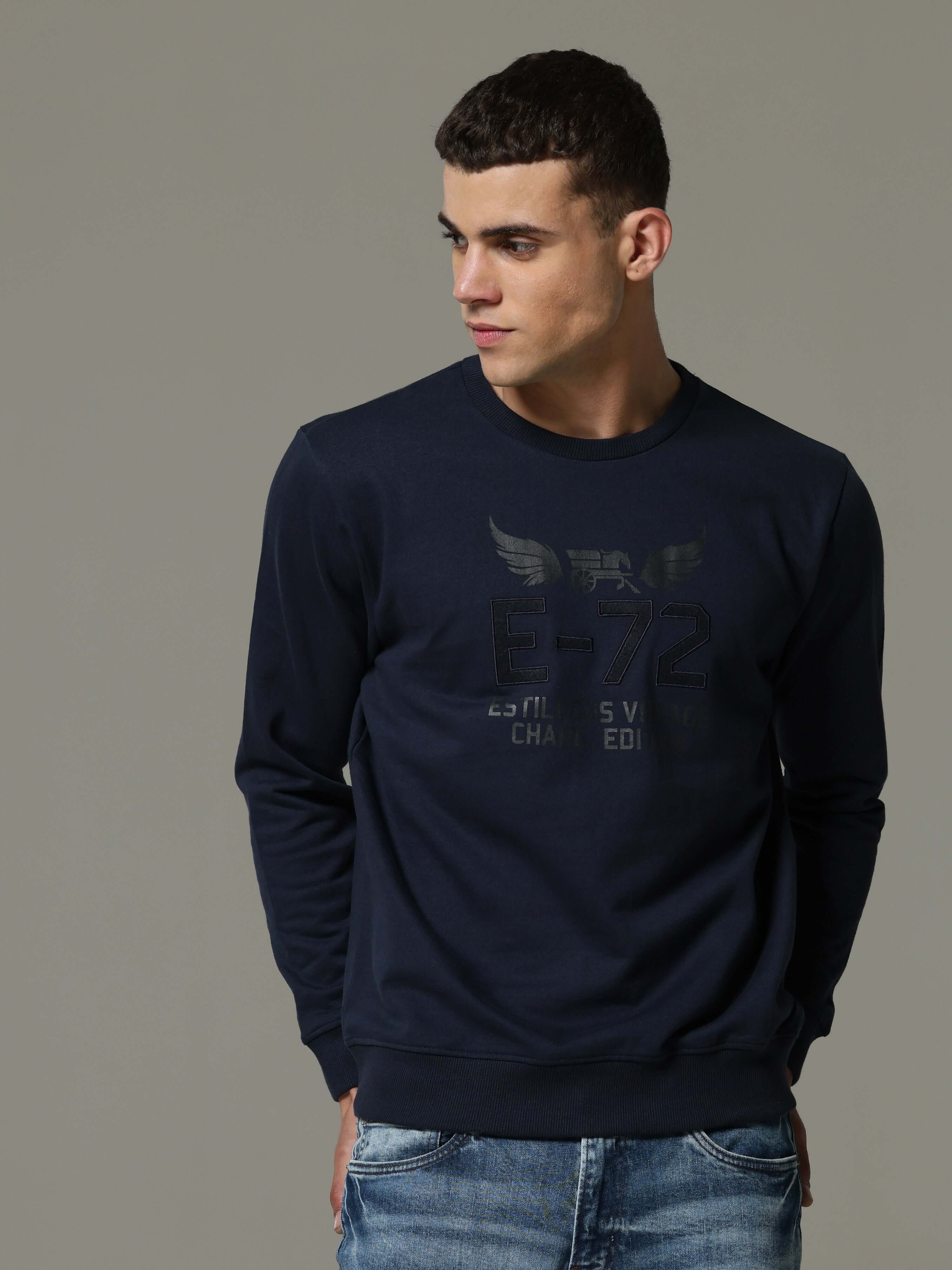 Vintage Edition Navy Blue Sweat Shirt shop online at Estilocus. • Crew neck• Long sleeve• Ribbing around neckline, Cuff & hem• HD quality print and fine embroidery Fit : Comfort fit Size : The model is wearing M size Model height : 6 Feet Wash care : Cold