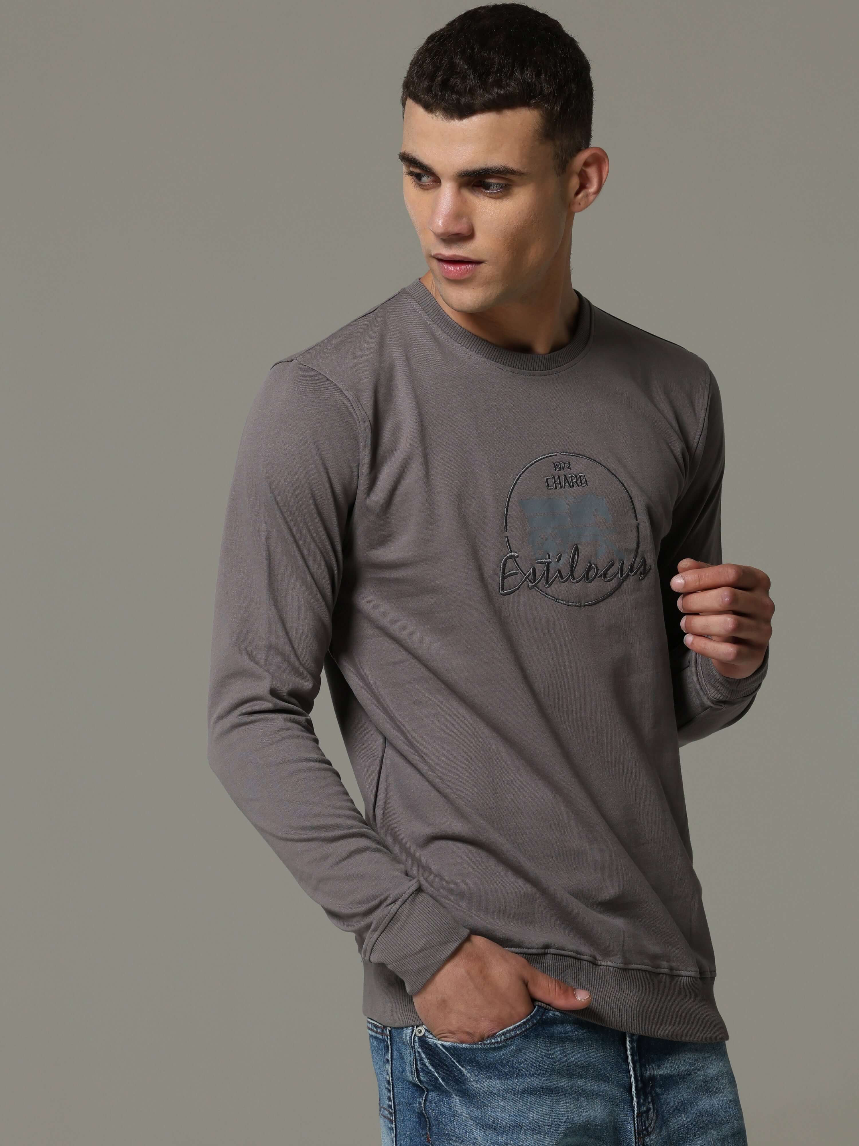 Invisible Steel Grey Sweat Shirt shop online at Estilocus. • Crew neck • Long sleeve • Ribbing around neckline, Cuff & hem • High quality print and fine embroidery Fit : Comfort fit Size : The model is wearing M size Model height : 6 Feet Wash care : Cold