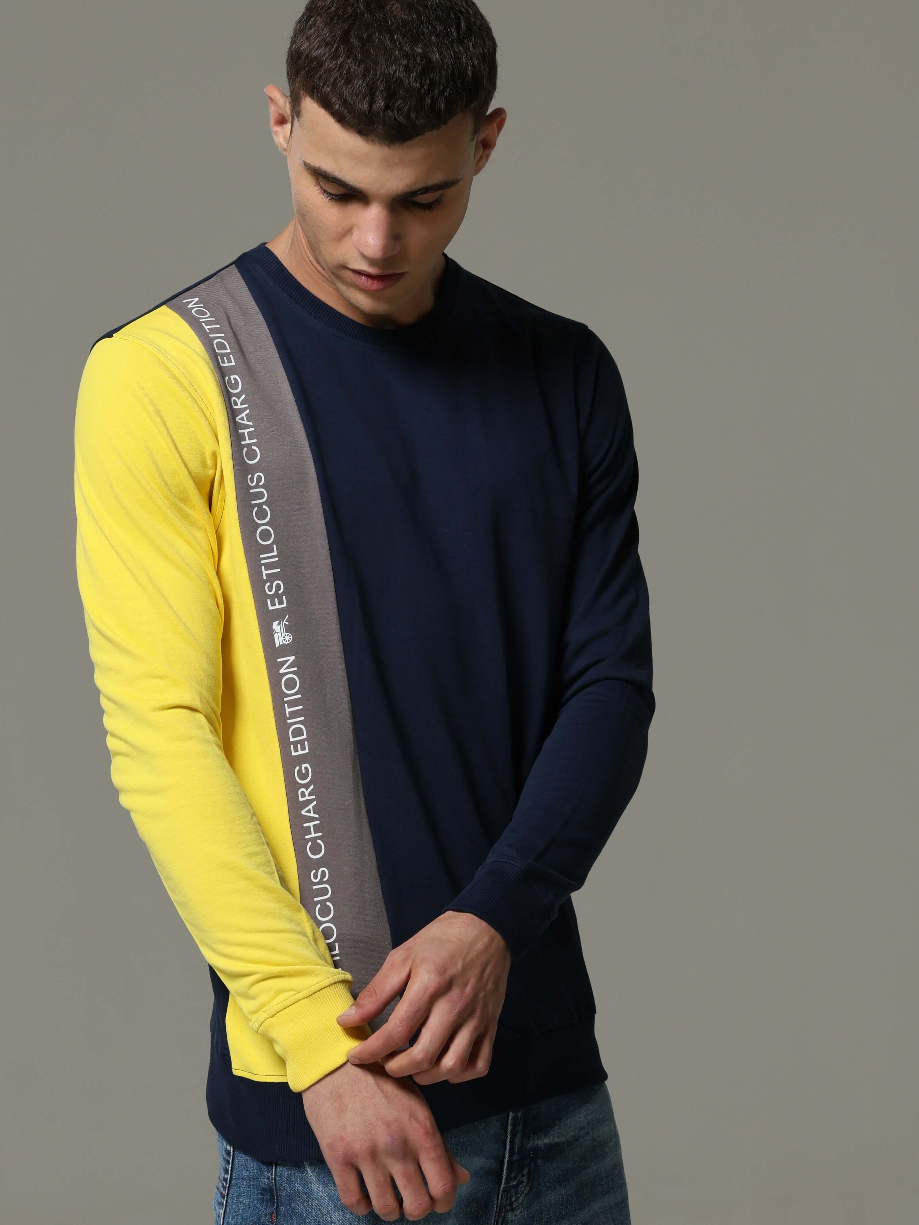 Charg Colorblock Blue Sweat Shirt shop online at Estilocus. • Crew neck• Long sleeve• Ribbing around neckline, Cuff & hem• Contrasting patch work. Fit : Comfort fit Size : The model is wearing M size Model height : 6 Feet Wash care : Cold machine wash