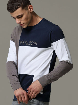 Patterned Crew Neck Blue Sweat Shirt shop online at Estilocus. • Crew neck• Long sleeve• Ribbing around neckline, cuff & hem•Contrasting patch work Fit : Comfort fit Size : The model is wearing M size Model height : 6 Feet Wash care : Cold machine wash