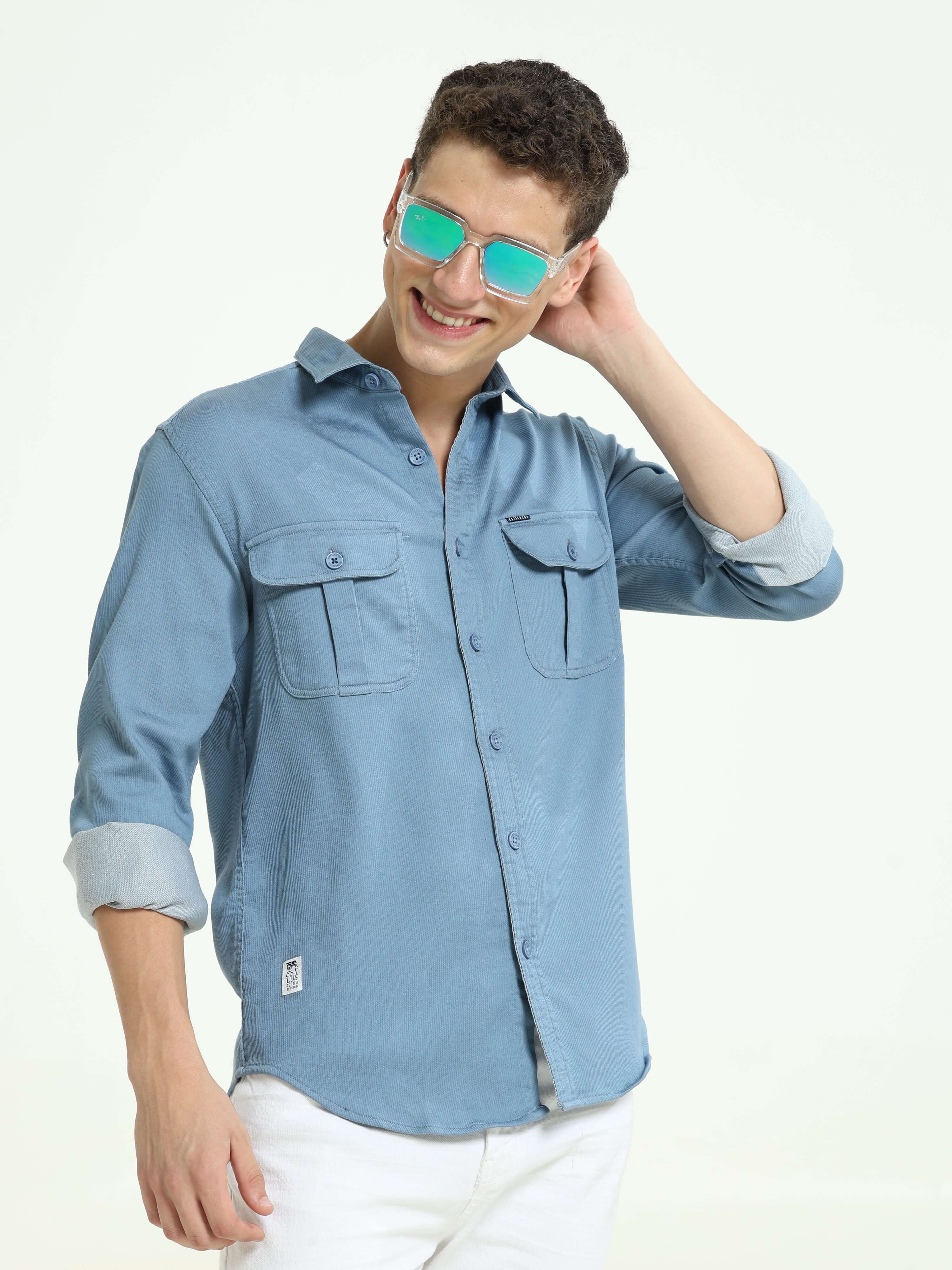 Tufts blue solid double pocket shirt_ Casual Shirt_ estilocus