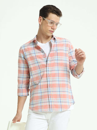 Pink off-blue casual check shirt shop online at Estilocus. • Full-sleeve check shirt• Cut and sew placket• Regular collar• Double button square cuff.• Single pocket with logo embroidery• Curved hemline• All double-needle construction, finest quality sewin