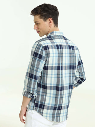 Indigo check double pocket shirt shop online at Estilocus. 100% Cotton • Full-sleeve check shirt• Cut and sew placket• Regular collar• Double button edge cuff• Double pocket with flap• Curved bottom hemline .• All double needle construction, finest qualit