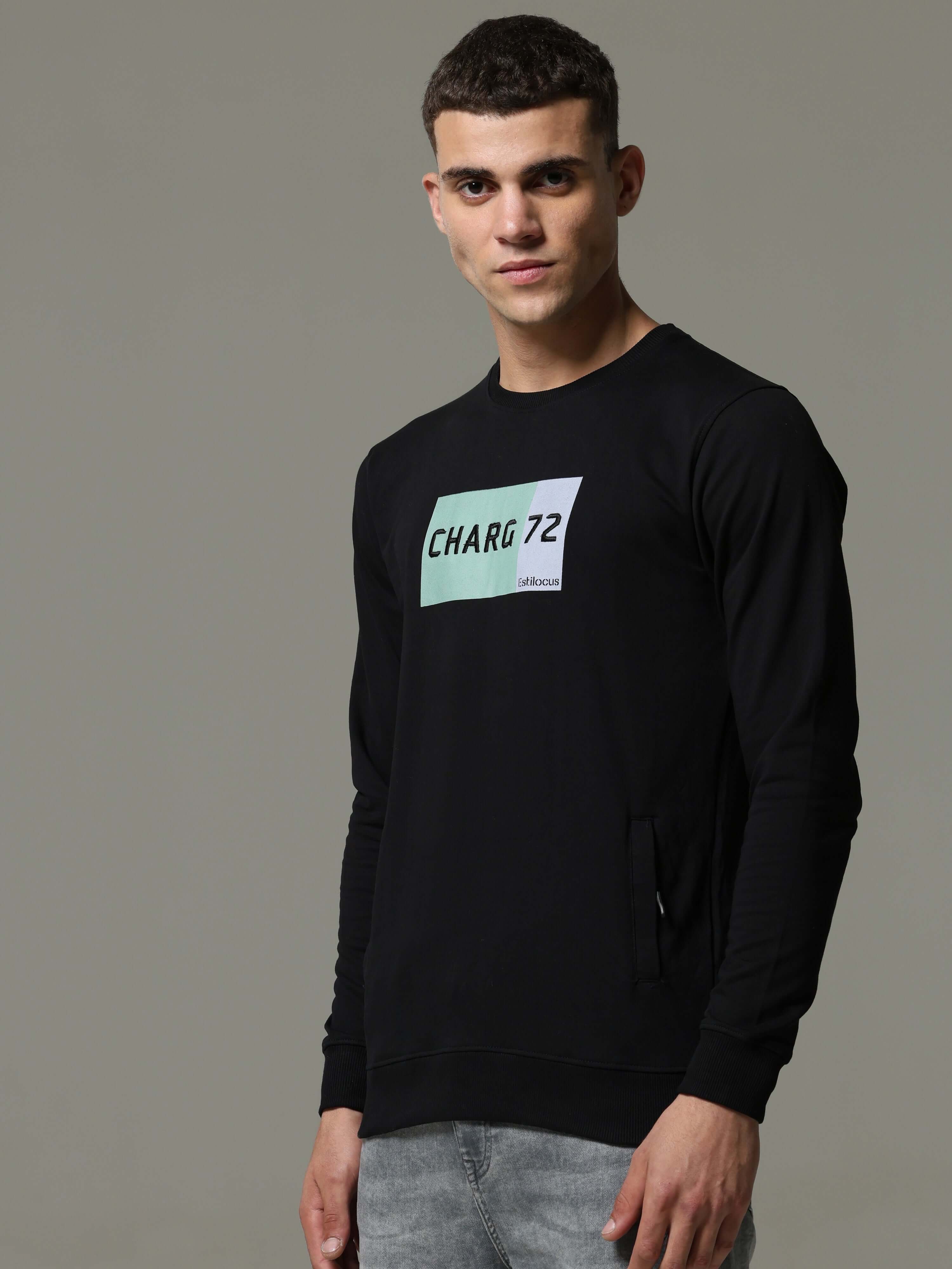 Charg Black Sweat Shirt shop online at Estilocus. • Crew neck• Long sleeve• Ribbing around neckline, Cuff & hem• High quality print and fine embroidery Fit : Comfort fit Size : The model is wearing M size Model height : 6 Feet Wash care : Cold machine was