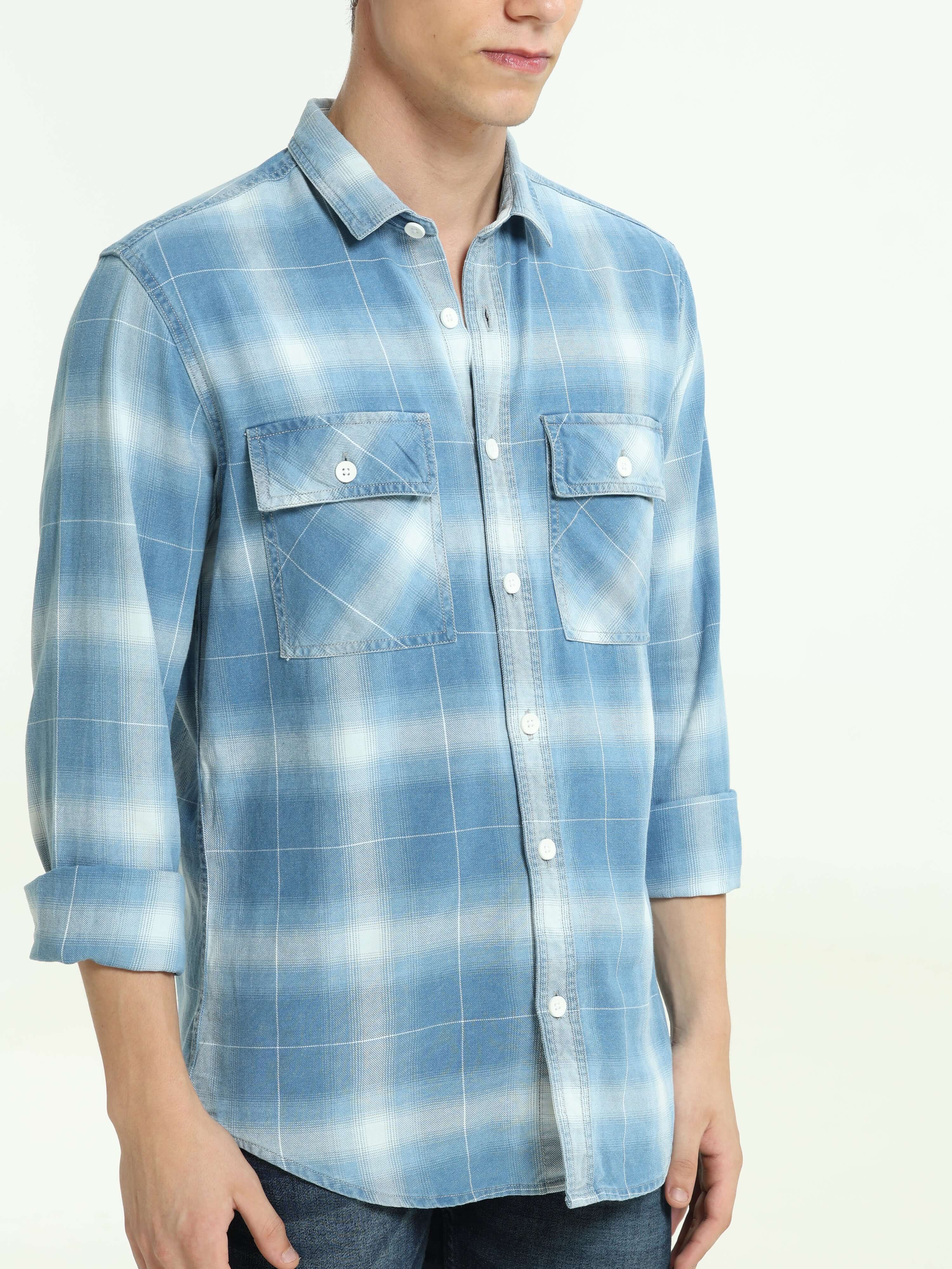 Indigo colored check double pocket shirt_ Casual Shirt_ estilocus