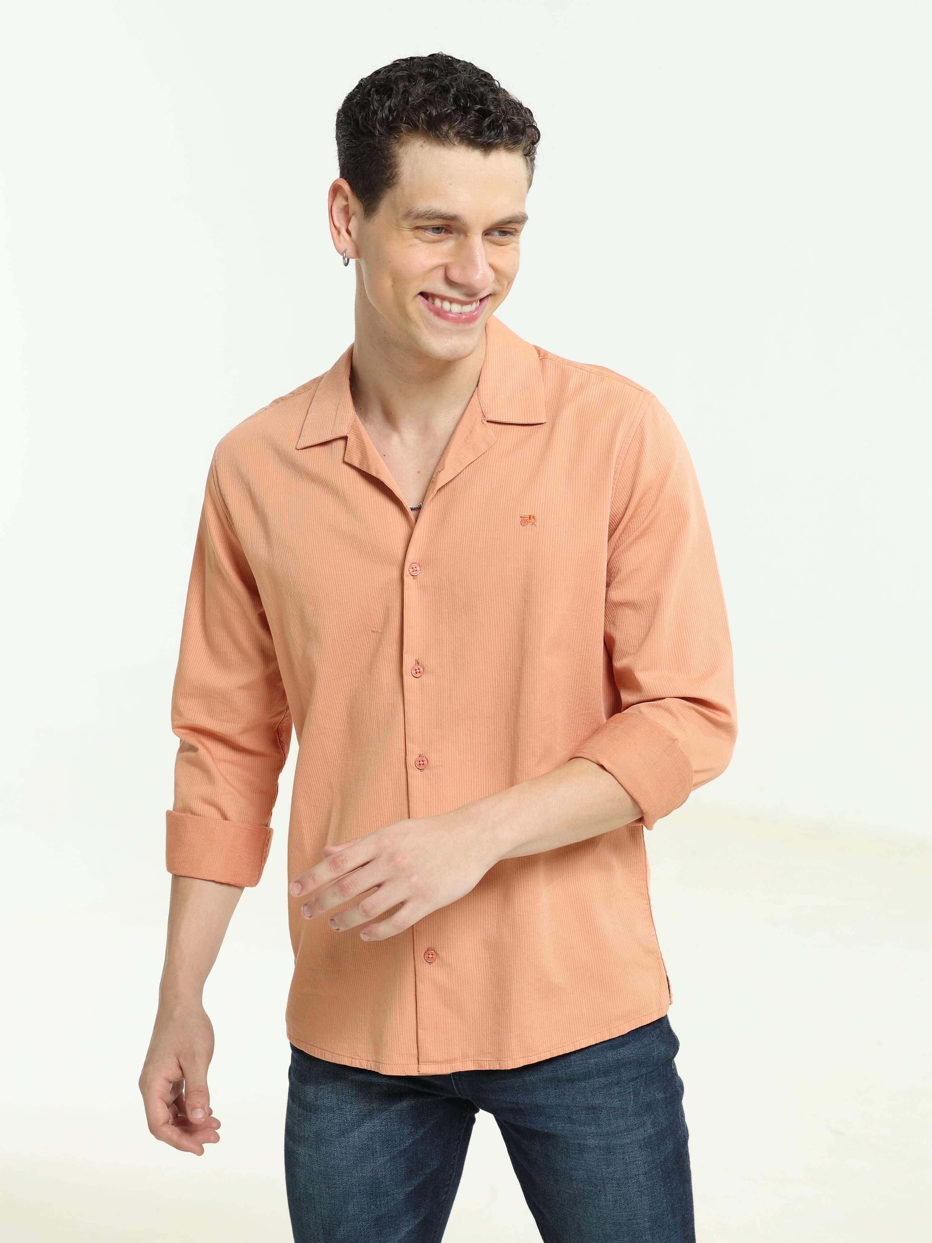 Orange solid cuben colloar shirt_ Casual Shirt_ estilocus