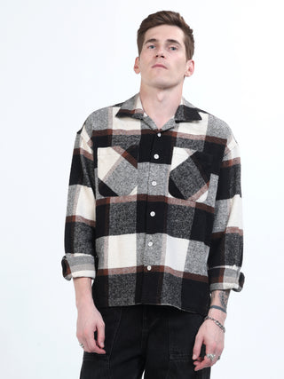 Black & White Brushed-Cotton Checks Shacket