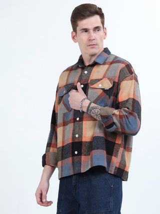 Orange & Blue Brushed-Cotton Checks Shacket