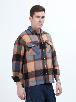 Orange & Blue Brushed-Cotton Checks Shacket