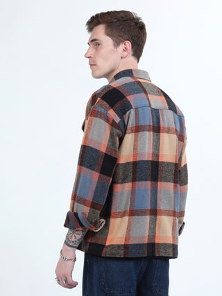 Orange & Blue Brushed-Cotton Checks Shacket