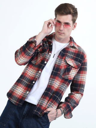 Red & Blue Brushed-Cotton Checks Shacket