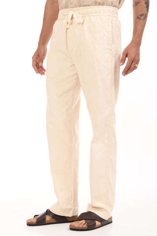 Off White Linen Blend Straight Fit Trousers