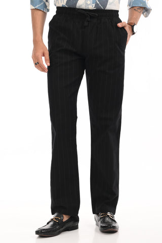 Black Linen Blend Straight Fit Striped Trouser