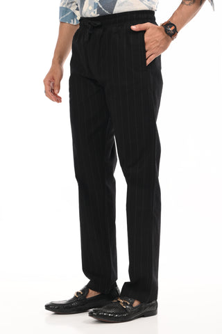 Black Linen Blend Straight Fit Striped Trouser