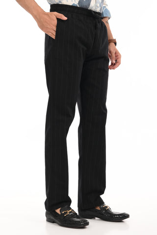 Black Linen Blend Straight Fit Striped Trouser