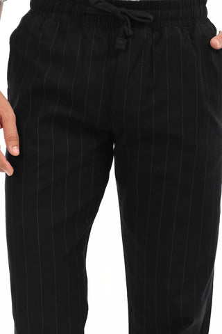 Black Linen Blend Straight Fit Striped Trouser