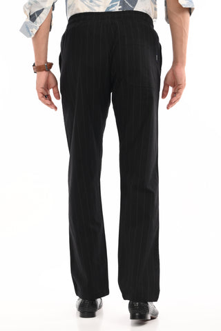 Black Linen Blend Straight Fit Striped Trouser