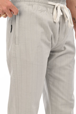 Light Grey Linen Blend Straight Fit Striped Trouser