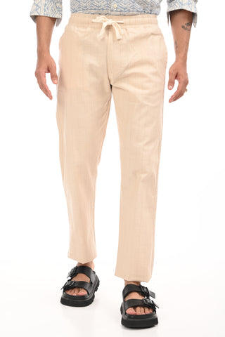 Beige Linen Blend Straight Fit Striped Trouser