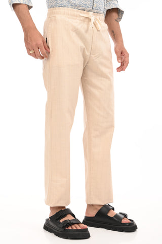 Beige Linen Blend Straight Fit Striped Trouser