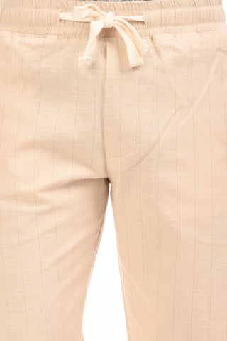 Beige Linen Blend Straight Fit Striped Trouser