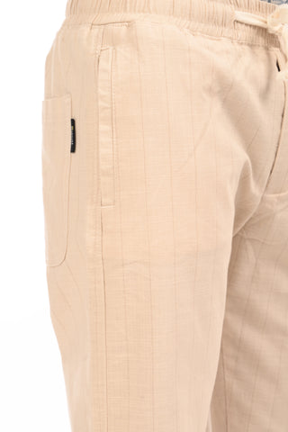 Beige Linen Blend Straight Fit Striped Trouser