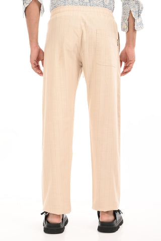 Beige Linen Blend Straight Fit Striped Trouser