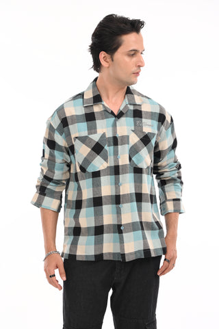 Turquoise Grid Oversized Checkered Shirt