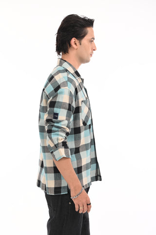 Turquoise Grid Oversized Checkered Shirt