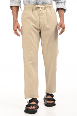 Beige Linen Blend Straight Fit Trouser