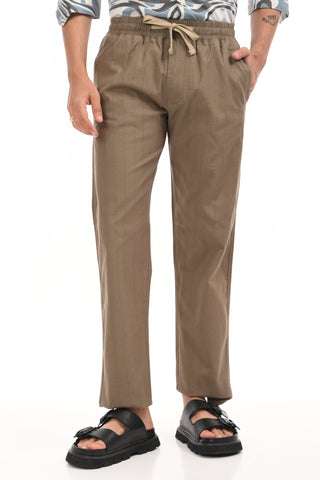 Coffee Brown Linen Blend Straight Fit Striped Trouser