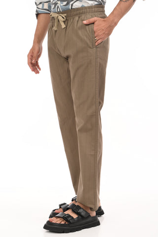 Coffee Brown Linen Blend Straight Fit Striped Trouser