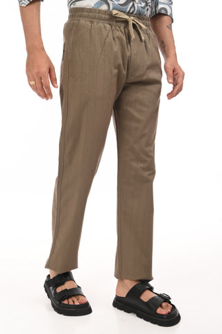 Coffee Brown Linen Blend Straight Fit Striped Trouser