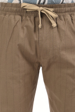 Coffee Brown Linen Blend Straight Fit Striped Trouser