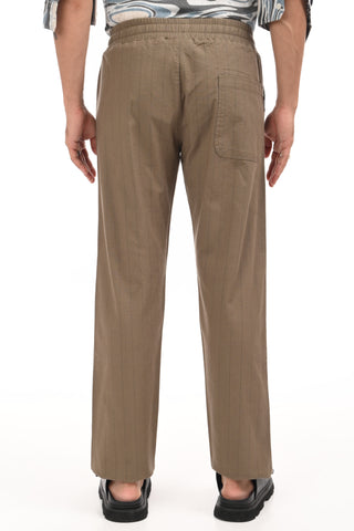 Coffee Brown Linen Blend Straight Fit Striped Trouser