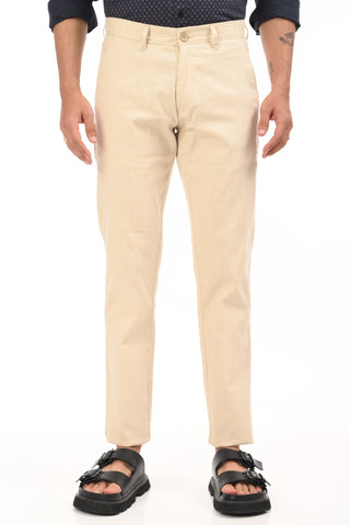 Beige Slim Fit Cotton Striped Chinos