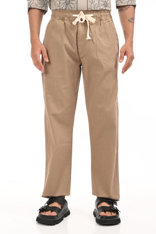 Khaki Linen Blend Straight Fit Trouser