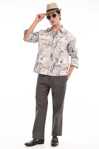 A Men Wearing Cotton Zipper Oversize  Shirt  and Posing