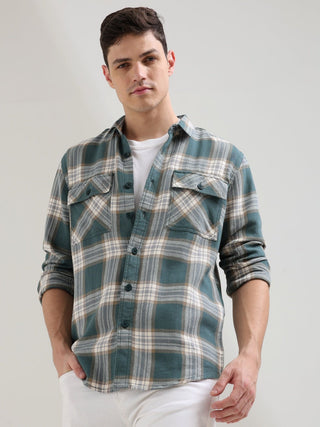 Aegean Teal Off - white Casual Checks Shirt - model_poseposition_of_shirtporduct_type